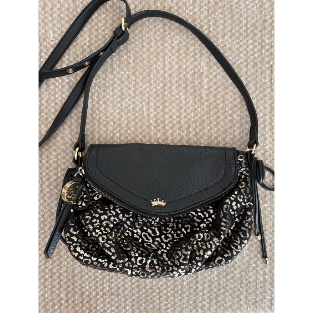 Juicy Couture Y2K Glamour Black Leather Purse Leopard Print Crossbody Bag